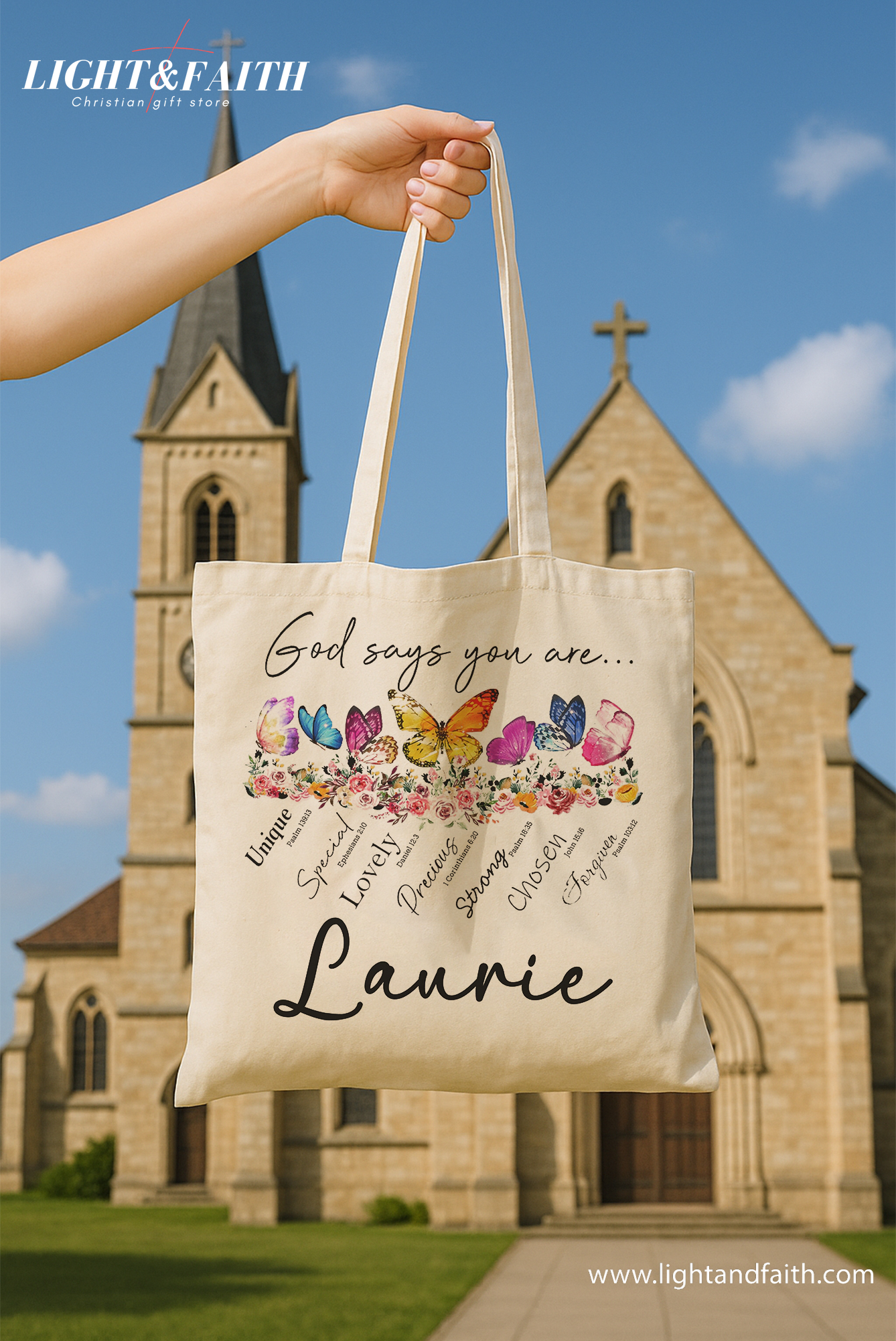 Personalized Christian Canvas Tote Bag – Custom Butterfly Bible Verse Bag – Bible Study Tote – Religious Gift for Daughter – Faith-Based Gift for Friend – Custom Scripture Tote, TBLAF25